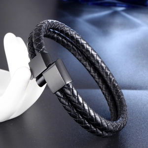 Bracelet double en cuir tressé noir pour homme avec fermoir magnétique mat noir