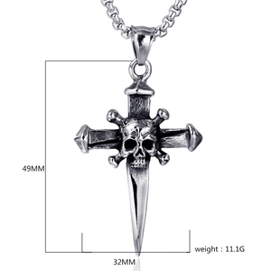 Detailed view of skull and cross pendant showing dimensions 49mm by 32mm and 11.1g weight