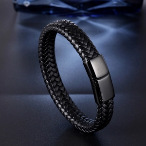 Handwoven black leather bracelet for men featuring a polished gunmetal magnetic clasp