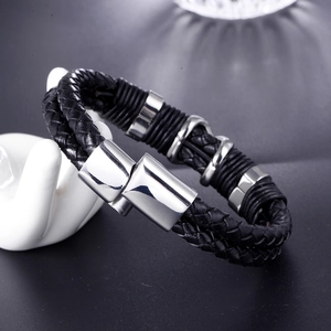 Men's double braided black leather bracelet with silver stainless steel rings and magnetic clasp