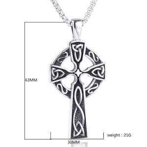 Detailed view of silver Celtic cross pendant with 63mm height and 30mm width dimensions