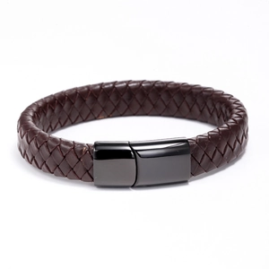 Detail shot of men's braided leather bracelet with black polished magnetic metal clasp