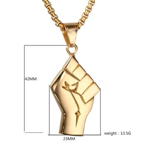Detailed size specifications for a gold-plated fist pendant on a stainless steel box chain