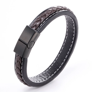 Men's double-row black leather and brown braided rope bracelet with magnetic metal clasp