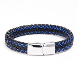 Bracelet tressé pour homme en cuir avec détails bleus et fermoir en acier inoxydable poli
