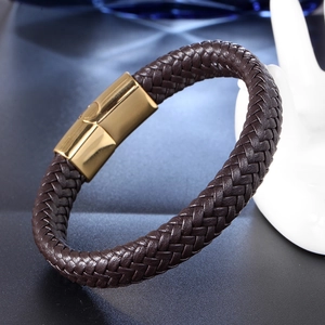 Handwoven dark brown leather bracelet for men with polished gold magnetic clasp