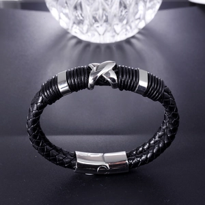 Multi-layer black braided leather bracelet with silver X-shaped magnetic clasp closure