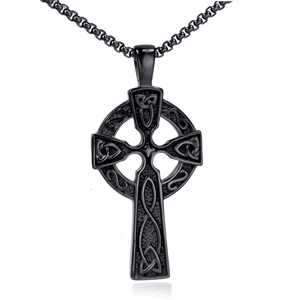 Matte black Celtic cross pendant necklace in stainless steel with intricate knot patterns