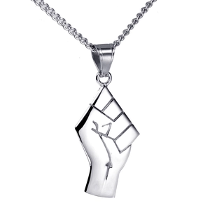 Polished stainless steel necklace featuring a detailed fist pendant on a curb chain