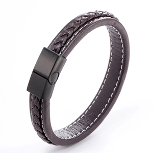 Deep brown braided leather magnetic bracelet for men with black brushed metal clasp