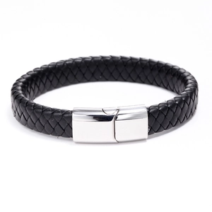 Classic black braided leather bracelet for men featuring a polished silver magnetic clasp