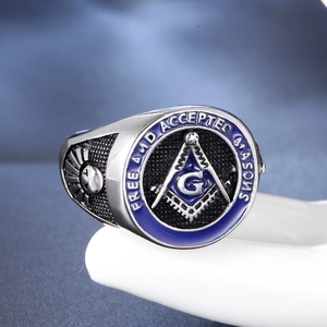 Retro stainless steel Freemason ring with blue enamel and G compass square sign