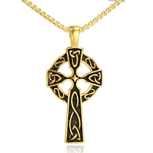 Titanium steel gold Celtic cross necklace with box chain and intricate knot design