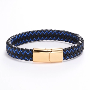 Bracelet tressé homme en cuir noir avec touches bleues et fermoir en métal doré poli
