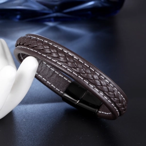 Braided brown leather bracelet for men with magnetic matte black metal clasp and white stitching