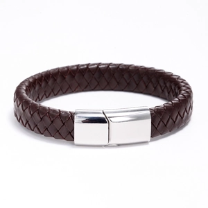 Men's dark brown braided leather bracelet with polished silver magnetic metal clasp
