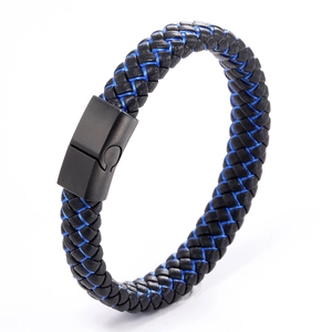 Bracelet tressé pour homme en cuir noir et bleu avec fermoir magnétique noir mat