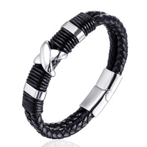 Men's Fashion Braided Leather Bracelet Stainless Steel Geometric X Cross Magnetic Clasp Casual Wristband Jewelry Gift