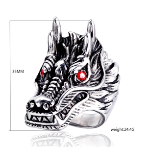 Detailed view of vintage dragon ring with red zircon eyes and 35MM height dimensions