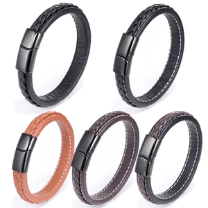 Men's Trendy Braided Leather Bracelet With Titanium Steel Magnetic Clasp Multi-Layer Cord Stitching Casual Wristband Jewelry