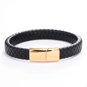 Men's black braided leather bracelet with high-gloss gold magnetic metal clasp