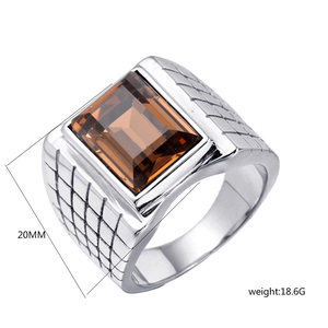 Detail of silver stainless steel men's ring with amber stone and 20mm size scale