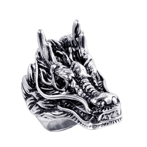 Gothic dragon head ring in vintage silver titanium steel with detailed scales engraving