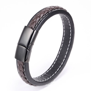 Men's multilayer braided leather bracelet with black magnetic buckle and white stitching