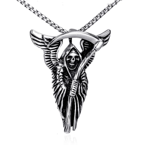 Gothic grim reaper scythe necklace with wings and box chain in black antique steel