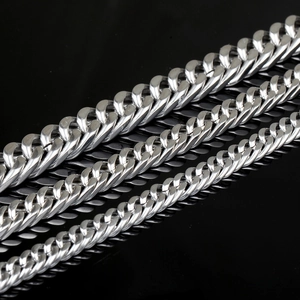 Polished silver stainless steel Cuban link chains in three widths on black reflective background