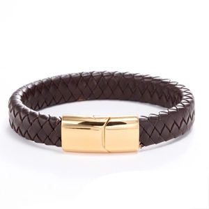 Classic dark brown braided leather bracelet with a polished gold magnetic metal clasp