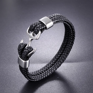 Multilayer braided black leather bracelet with silver stainless steel anchor clasp
