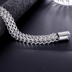 Men's punk stainless steel square wheat chain bracelet with polished magnetic clasp