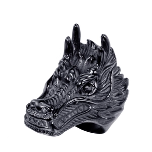 Gothic dragon head ring for men in black stainless steel with detailed scales and eyes