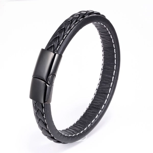 Black braided leather bracelet for men with contrast stitching and matte magnetic clasp
