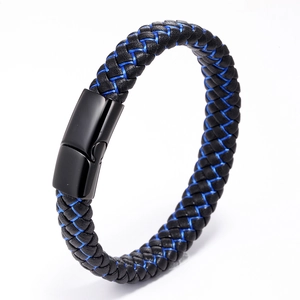 Bracelet de Mode pour Hommes en Cuir Artificiel Tressé Avec Fermoir Magnétique en Acier Inoxydable Bijoux de Poignet Noir Bleu