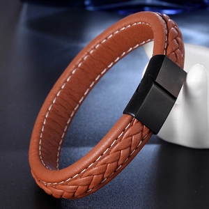 Vintage Men Woven Leather Bracelet Stainless Steel Magnetic Clasp Punk Double Layer Braided Hand Jewelry Fashion Gift