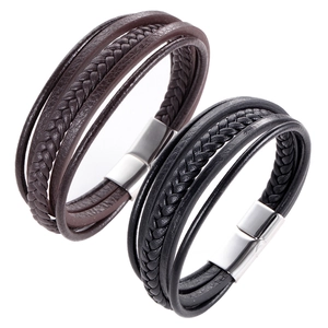 Men's multi-layer braided leather bracelets in black and brown with magnetic clasp