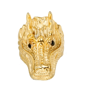 Detailed golden dragon head ring for men made of durable titanium steel with black stone eyes
