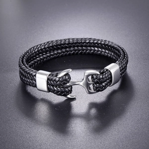 Men's multilayer braided leather anchor bracelet with polished silver metal clasp