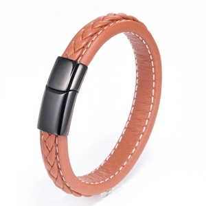 Braided brown leather bracelet for men with black magnetic clasp and white stitching