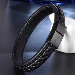 Men's multi-strand black woven leather bracelet with matte black magnetic metal clasp