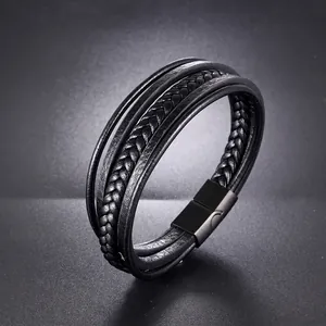 Bracelet multicouche pour homme en cuir tressé noir avec fermoir magnétique en acier