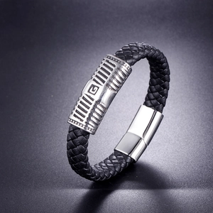 Bracelet pour homme en cuir tressé noir avec breloques maçonniques en argent et fermoir aimanté