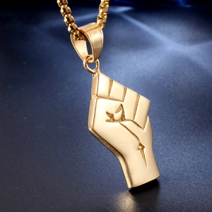 Men's gold-plated stainless steel necklace with a powerful raised fist pendant on blue silk