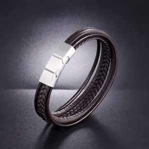 Bracelet tressé pour hommes en cuir marron foncé avec fermoir magnétique brossé