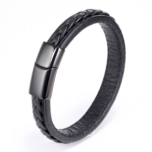 Black braided leather bracelet with matte magnetic clasp in a 45-degree studio view