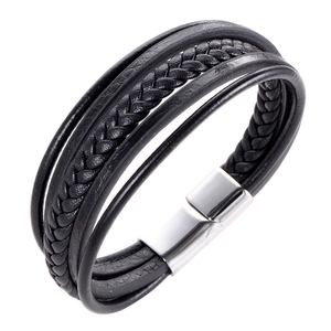Black multilayer braided leather bracelet for men with polished stainless steel magnetic clasp