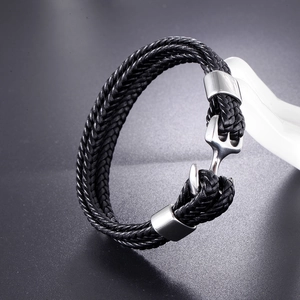 Black multilayer braided leather bracelet with a polished silver stainless steel anchor clasp