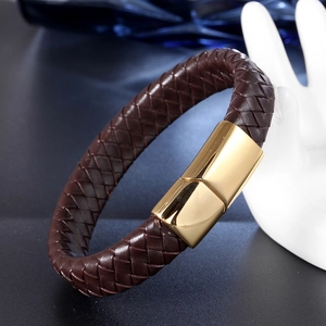 Men's dark brown braided leather bracelet with a polished gold magnetic metal clasp
